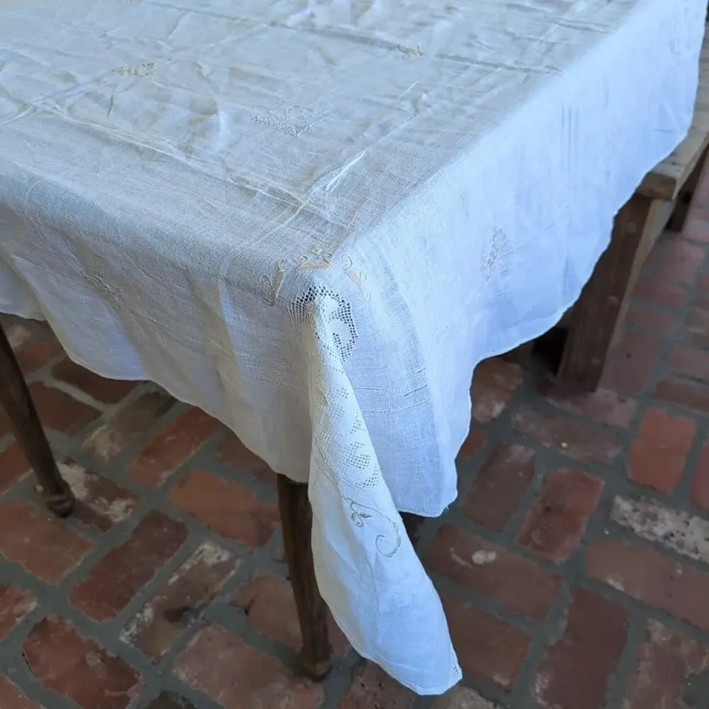 Vintage Handmade Tablecloth Whitework Embroidery & Filet Lace Inserts 50